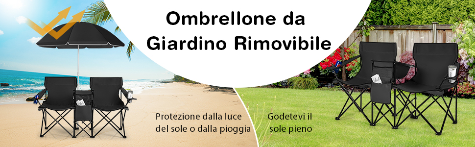 COSTWAY Set di 2 Sedie da Campeggio Pieghevoli, con Ombrellone e Tavolino  Contenitore, Resistente e Leggero, Capacità 270 kg (blu)