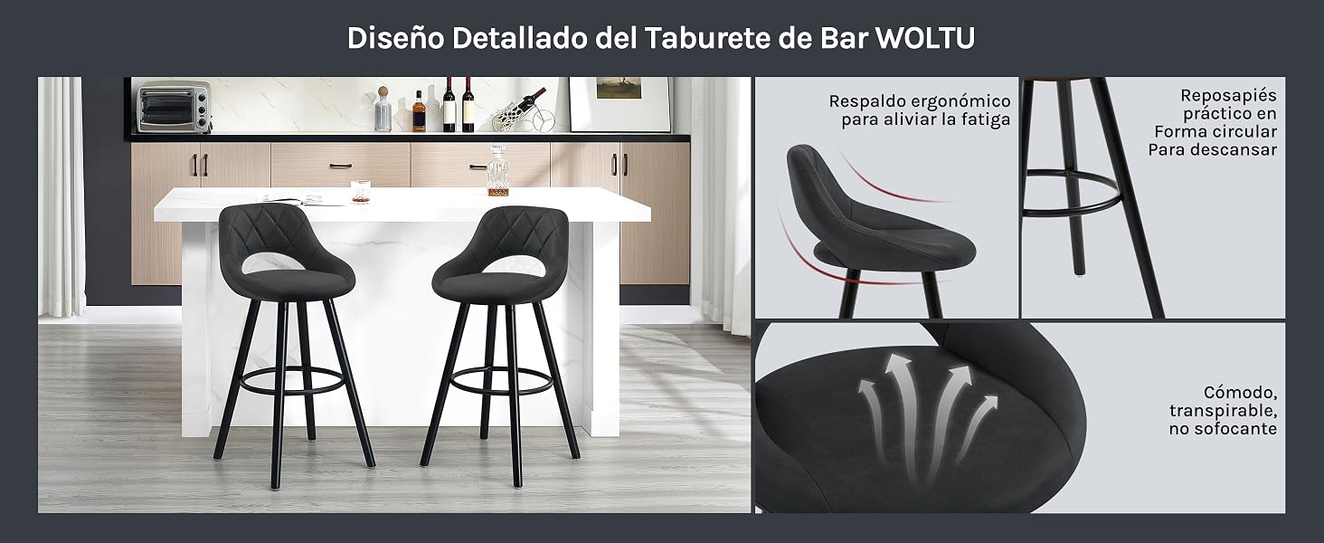 Taburetes de bar negros modernos con asientos curvos y bases de metal, que se muestran en un entorno de cocina con encimera blanca y diagramas de especificaciones detallados