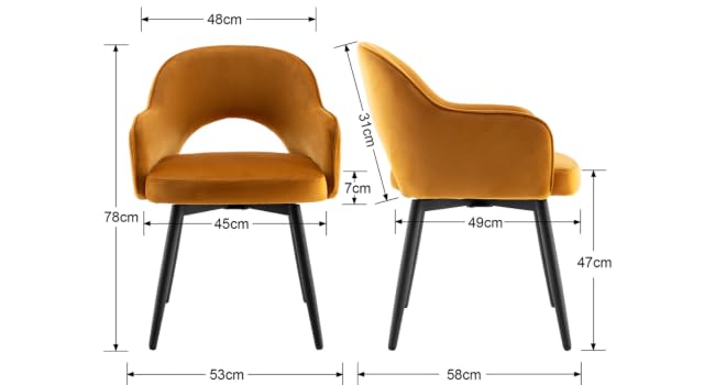 Modern accent chair with mustard yellow upholstery, curved backrest, and black metal legs. Detailed dimensions shown for width, depth, height, and seat measurements.