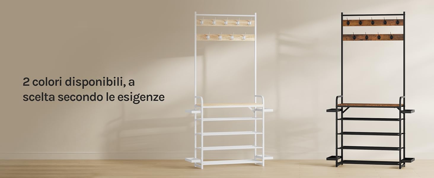Due appendiabiti in metallo con finiture bianche e scure mostrati su una parete di fondo neutra. Espositori portaoggetti/guardaroba in metallo con aste appendiabiti orizzontali.