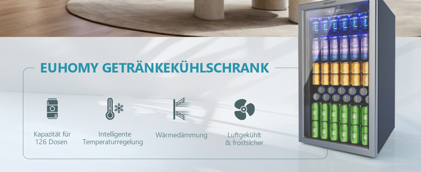 Der Text lautet „EUHOMY GETRÄNKEKÜHLSCHRANK“. Gewerblicher Getränkekühler mit Glastür, auf dem mehrere Getränkeflaschen auf beleuchteten Regalen ausgestellt sind.
