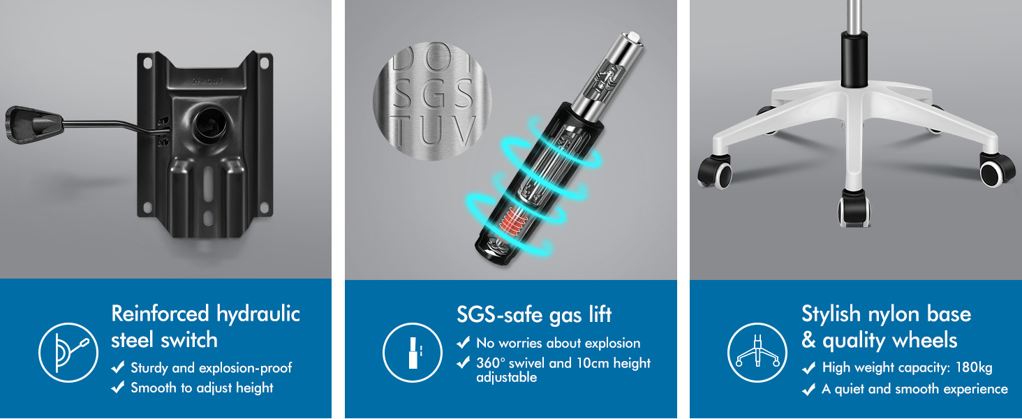 Three product feature icons showing: 'Reinforced hydraulic metal switch', 'SOS safe gas lift assembly', and 'Stylish nylon base & durable wheels'