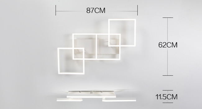 Technisches Diagramm mit den Abmessungen: 87 cm Breite, 62 cm Höhe und 115 cm vertikaler Abstand. Weiße geometrische, überlappende rechteckige Rahmen, dargestellt in diagonaler Anordnung.