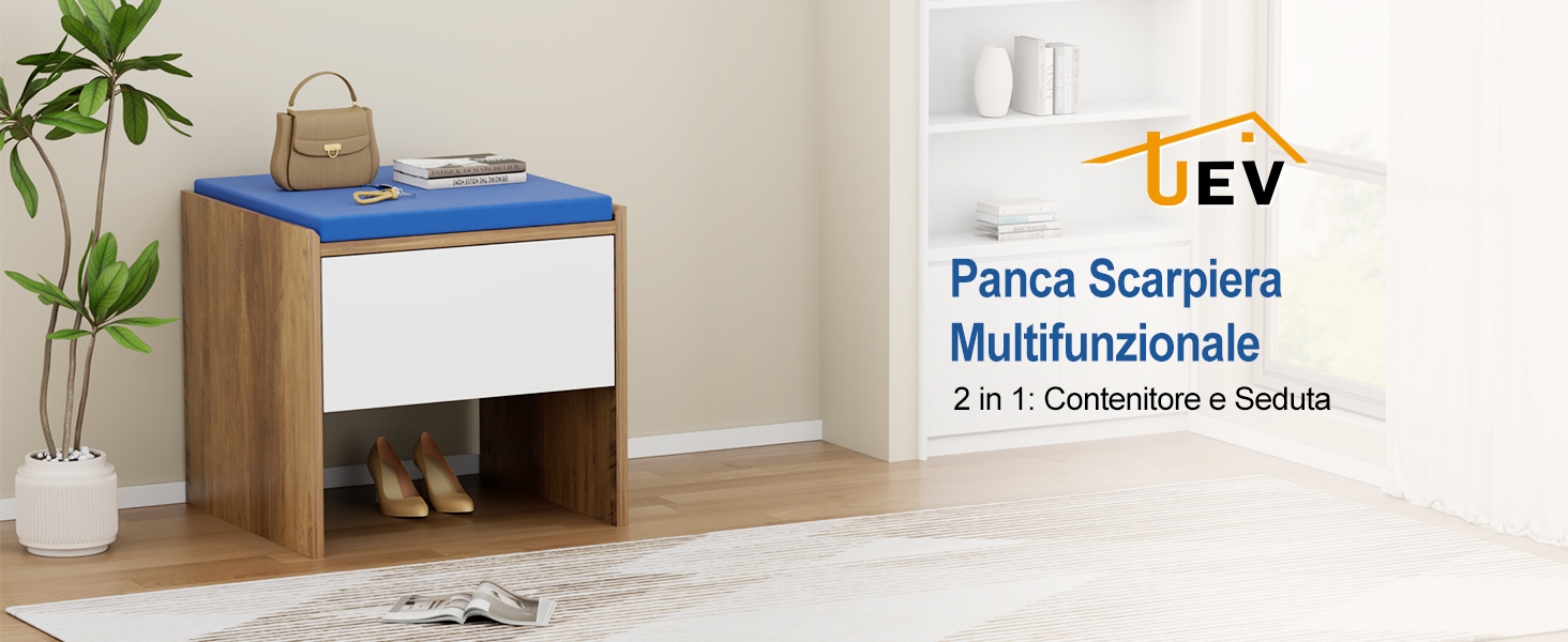 Il testo recita «EV» e «Panca Scarpiera Multifunzionale 2 in 1 Contenitore a Cassetti» in italiano. Panca portaoggetti in legno con cassetto superiore bianco e ripiano interno blu contenente scarpe, accanto a una pianta in vaso.