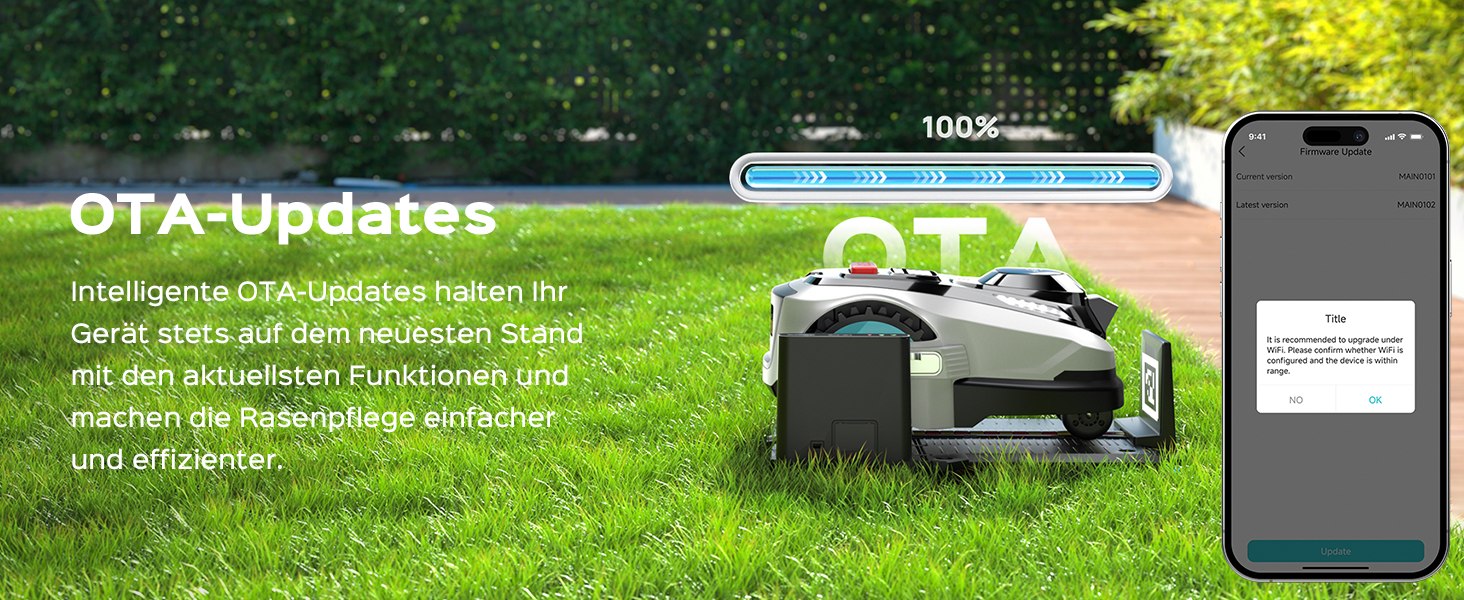Der Text lautet „OTA Updates“ mit einem Ladebalken von 100%. Das Bild zeigt einen Rasenmähroboter auf Gras mit Smartphone-Schnittstelle.