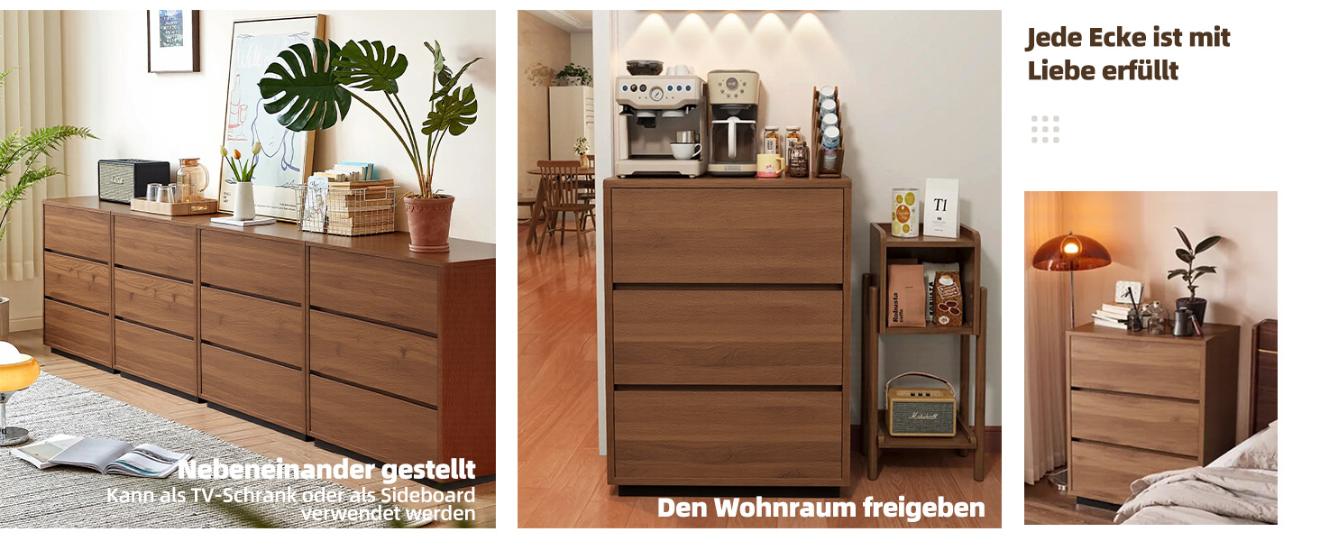 Sammlung von Innenaufnahmen, die verschiedene Räume mit Tageslicht und modernen Möbeln in neutralen Farbtönen zeigen.
