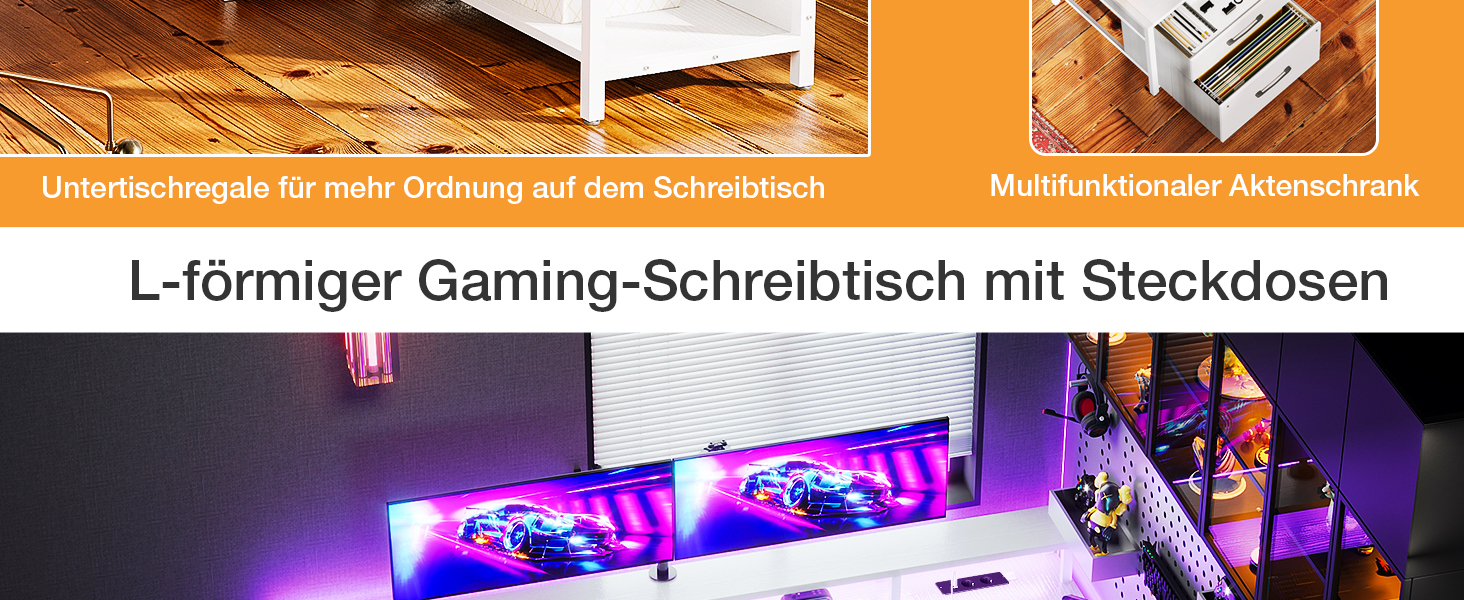 L-förmiger Gaming-Schreibtisch mit LED-Beleuchtung, mehreren Monitoren und eingebauten Steckdosen, wie in der deutschen Textbeschreibung angegeben