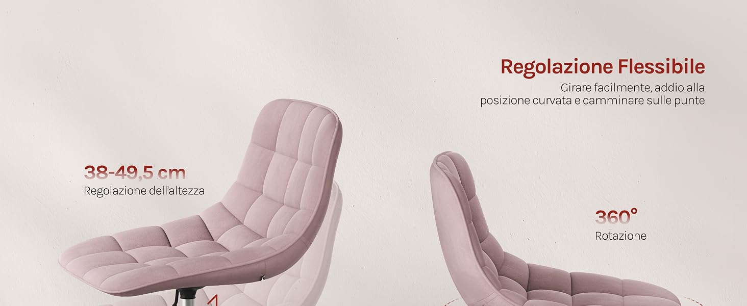 Il testo recita «Regolazione flessibile». Visualizzazioni multiple di calzature di colore rosa o oggetti simili a stivali su uno sfondo chiaro.