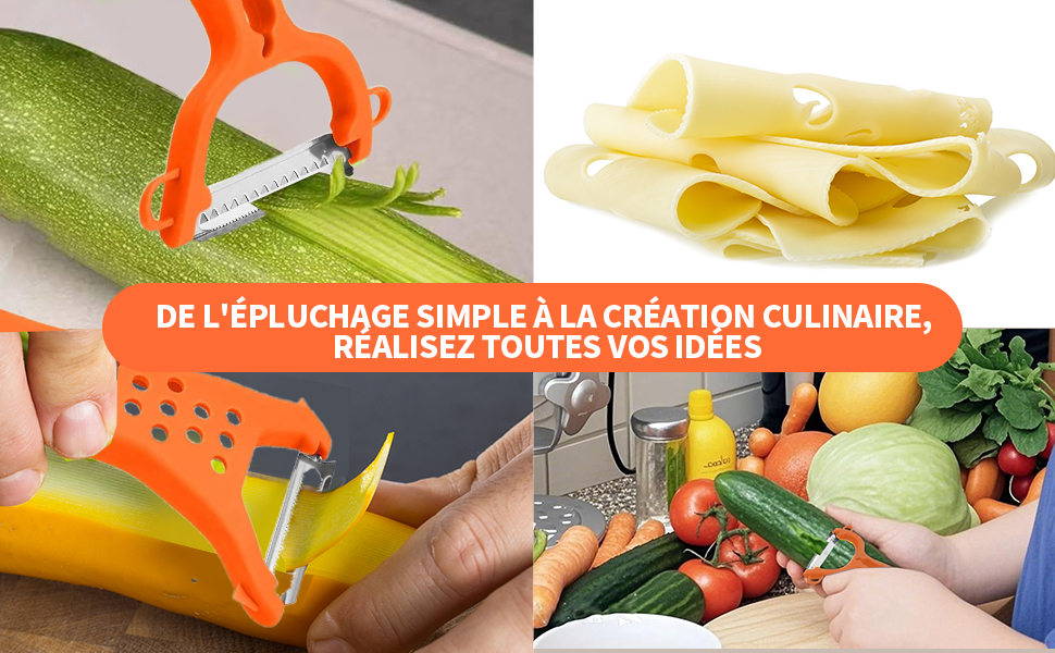 mit orangefarbenem Griff zum Schälen von Zucchini. Die eingefügten Bilder zeigen Käsescheiben, verschiedene Gemüsesorten und von Hand geschnittenes Gemüse und veranschaulichen die vielseitigen Einsatzmöglichkeiten bei der Zubereitung von Speisen.
