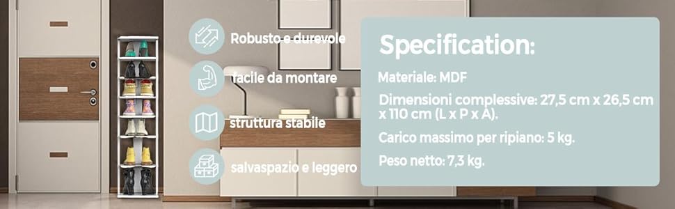 Scarpiera in legno a 8 ripiani con 2 diverse altezze, Scarpiera versatile  45,5x26,5x110cm Bianco - Costway