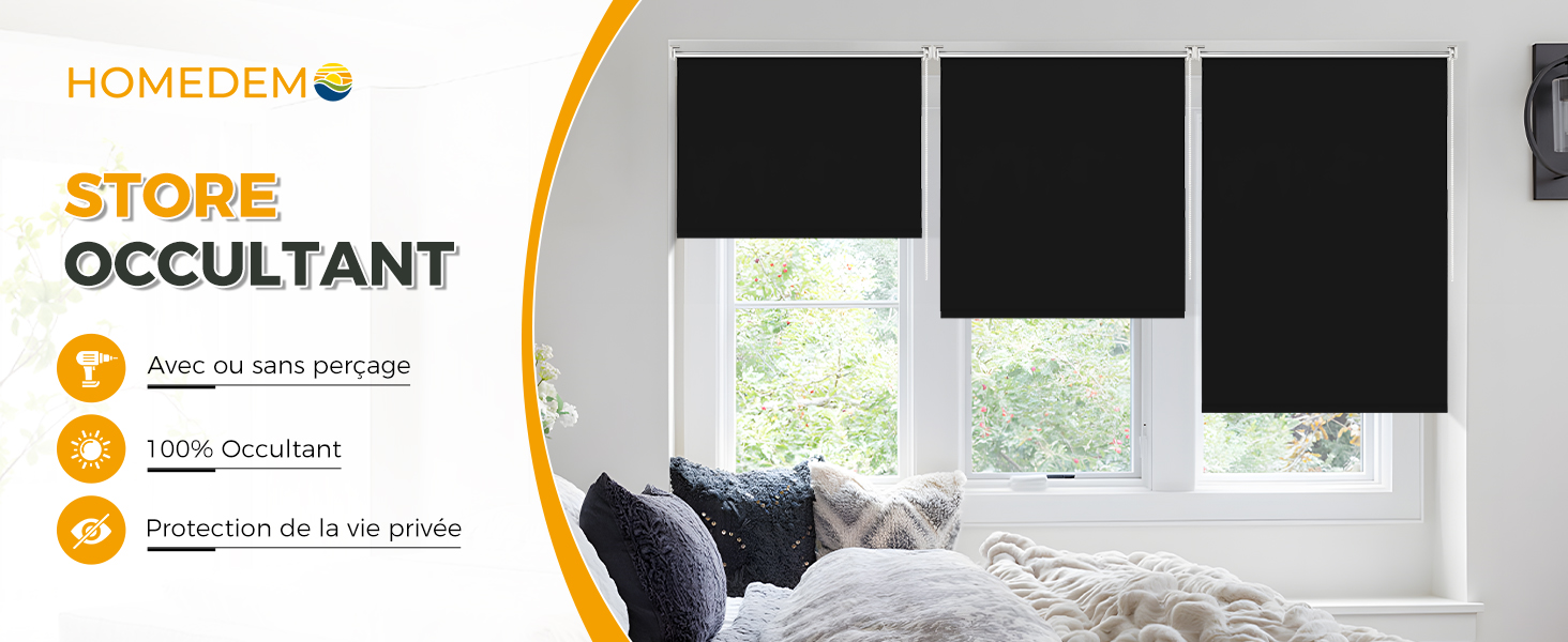 Fenêtre avec volets roulants noirs installés, produit intitulé « HOMEETKO STORE OCCULTANT » visible en orange et texte blanc.