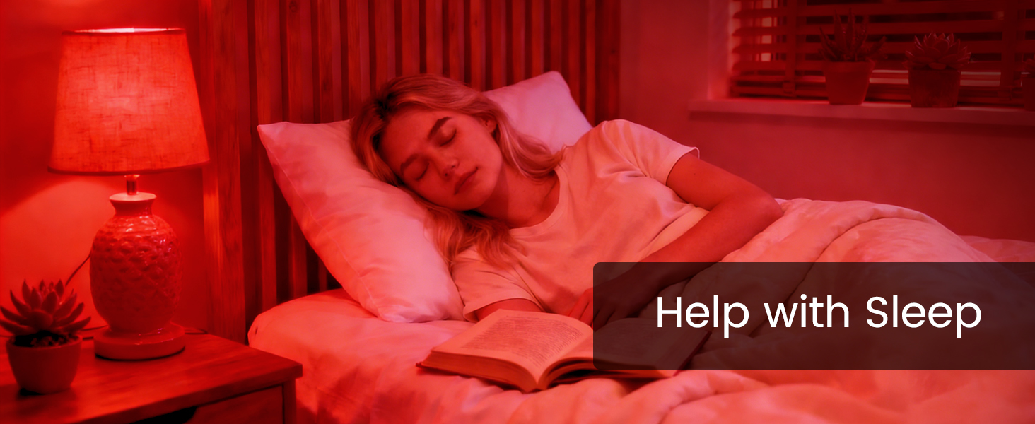 Text reads "Help with Sleep". Person sleeping in bed with red ambient lighting from bedside lamp and warm-toned bedroom environment.
