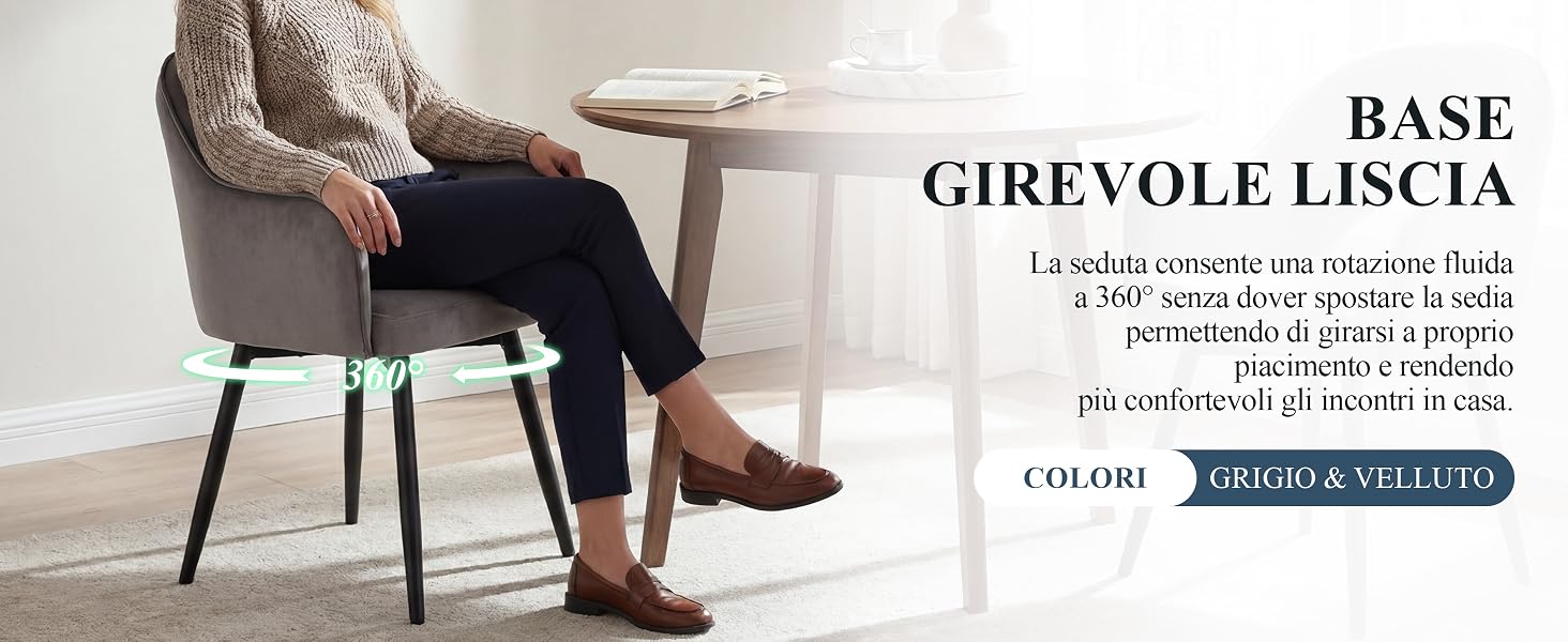 Il testo recita «BASE» e «GIREVOLE LISCIA». Sedia moderna in beige con gambe in legno, abbinata a un piccolo tavolino rotondo. Include un testo in italiano che descrive le caratteristiche del prodotto e un pulsante blu con l'etichetta «SCOPRI DI PIÙFORMA».