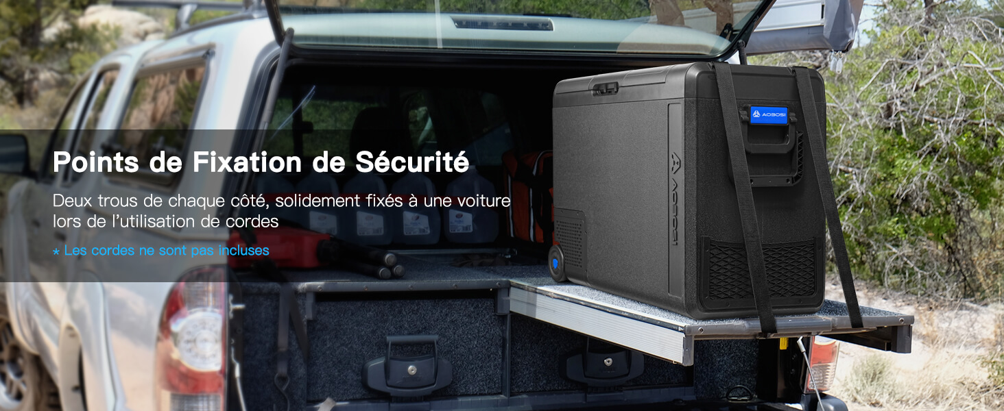 Espace de chargement pour véhicules avec équipement sécurisé et texte superposé « Points de fixation de sécurité »