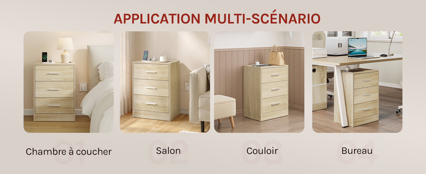 Le texte indique « APPLICATION MULTI-SCÉNARIO » avec quatre images de mobilier étiquetées « Chambre à coucher » (chambre), « Salon » (salon), « Couloir » (couloir) et « Bureau » (bureau). Meubles de chambre de couleur crème exposés.