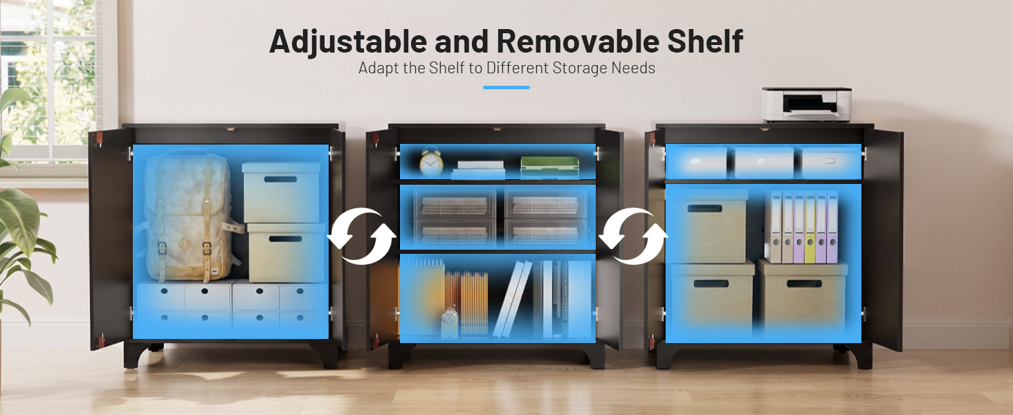 Le texte indique « Étagère ajustable et amovible ». Armoire de rangement bleue à trois compartiments avec portes vitrées et étagères réglables pour l'organisation.