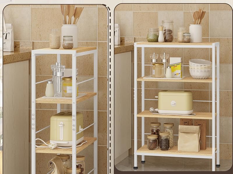 Text reads 'Two mounting options Flexible adaptation to the space Anti-fall crossbar design.' Tall open shelving unit with four tiers shown in two configurations. Natural wood shelves with white metal frame, displayed with decorative items and storage containers.