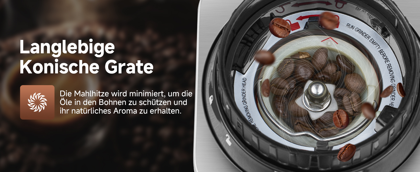 Konische Kaffeemühle mit ganzen Bohnen, die durch die durchsichtige Oberseite sichtbar sind. Der Mahlmechanismus aus Metall zeigt Bohnen im Mahlprozess. Im Text wird beschrieben, dass das Mahlen minimiert wird, um Öle und Aroma zu schützen