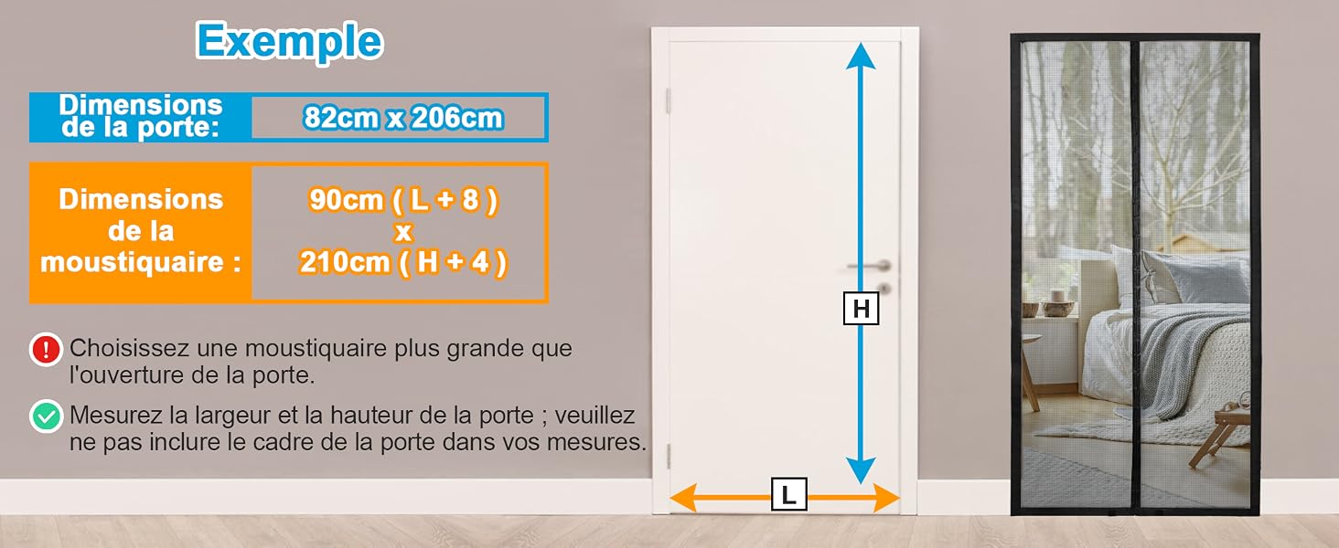 Le texte indique « Exemple », « Dimensions de la moustiquaire » (dimensions de la moustiquaire) indiquant les mesures « 200 cm x 220 cm » et « 210 cm (1,8 x 4) » avec des notes d'installation en français. Schéma du cadre de porte avec annotations de mesure affichées.