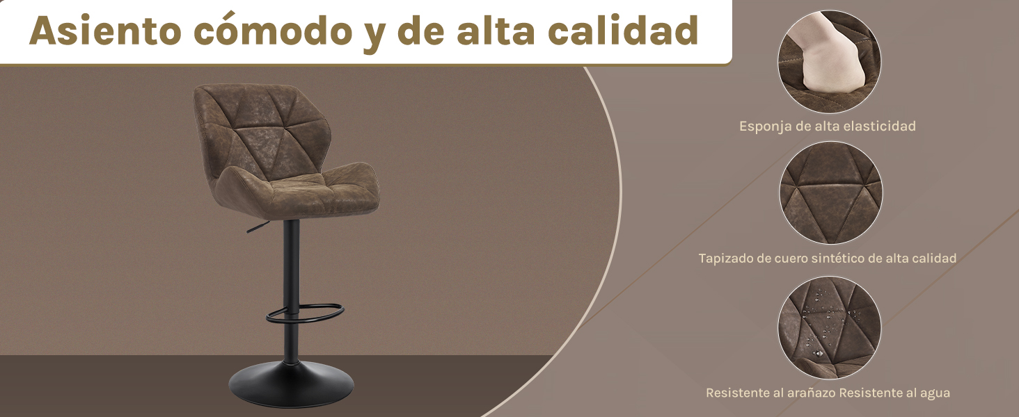 Diagrama del producto que muestra las características de un taburete de bar ajustable con asiento acolchado, incluidas las especificaciones de comodidad y calidad en español