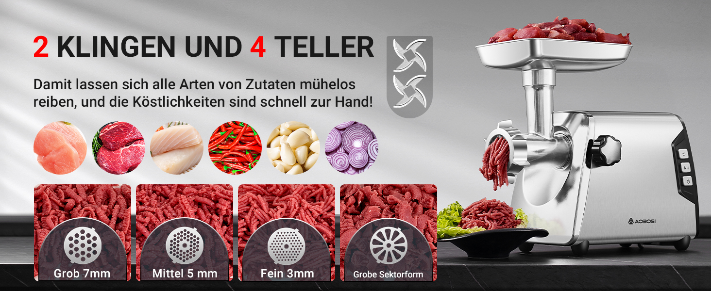 Werbung für elektrische Fleischschleifer mit mehreren Schneidmessermustern und Zubehör, mit 2 Klingen und 4 Platten in deutscher Schrift.