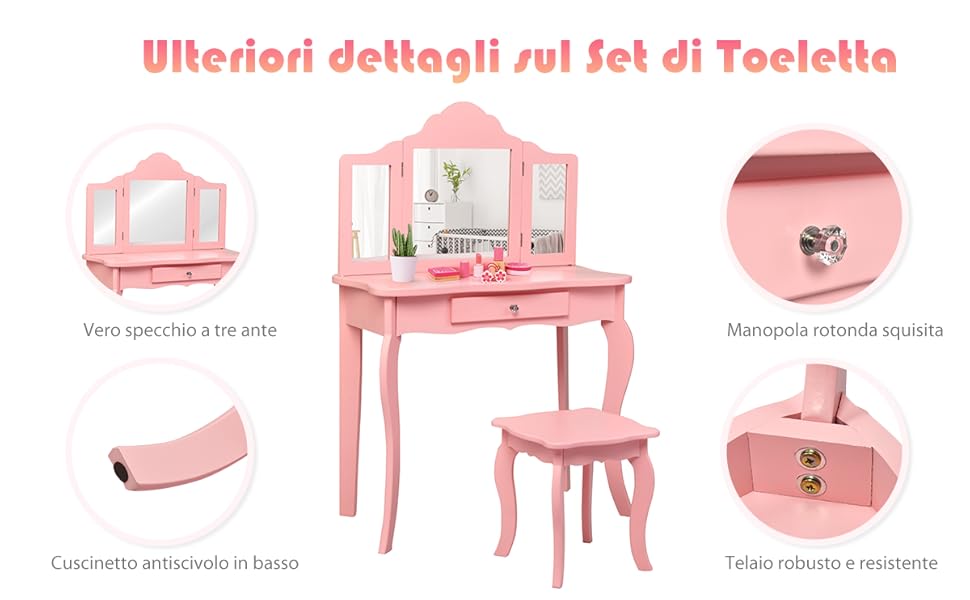 Set di vanità da gioco con specchio ruotabile a 360° lavagna pennarelli  cancellabili, Toletta per bambini Bianco - Costway