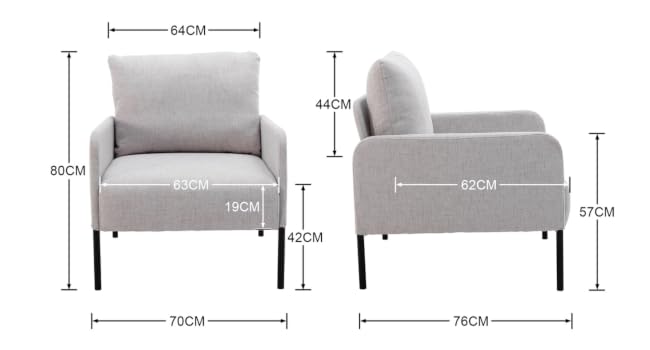 Sillón gris claro con medidas mostradas.