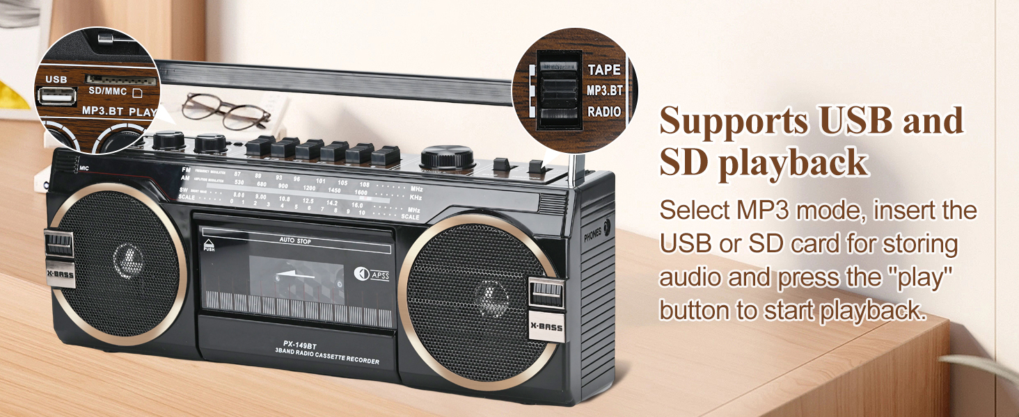 Radioplayer im Retro-Stil mit USB- und SD-Karten-Wiedergabefunktion, mehreren Bedientasten und Digitalanzeige