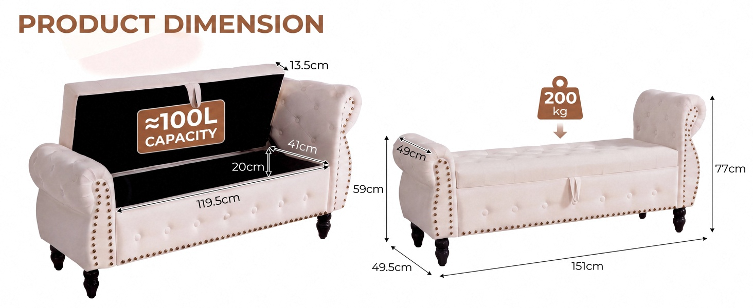 Text reads 'PRODUCT DIMENSION'. Two beige upholstered couches shown with dimension measurements and specifications labeled below each piece.