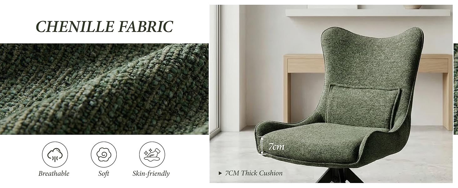 Text reads 'CHENILLE FABRIC'. Close-up of textured green fabric with product icons below showing material features.