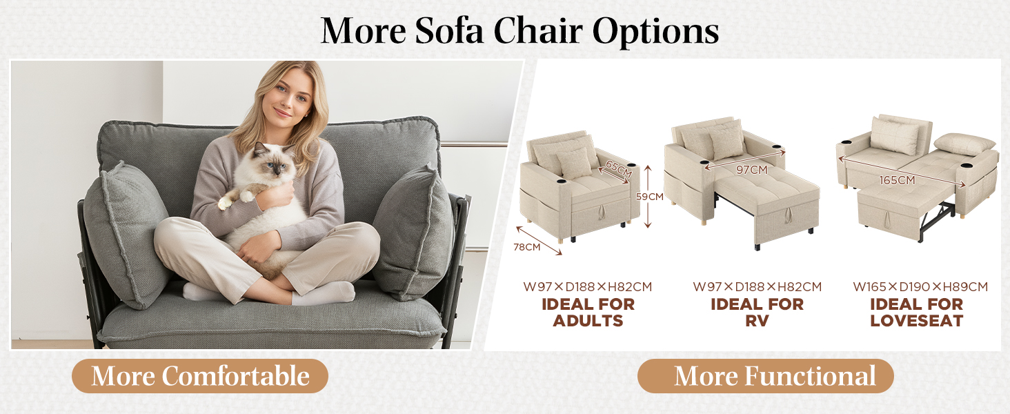 Text reads 'More Sofa Chair Options', 'More Comfortable', 'More Functional'. Shows series of convertible chair configurations in light beige fabric with decorative cushions.
