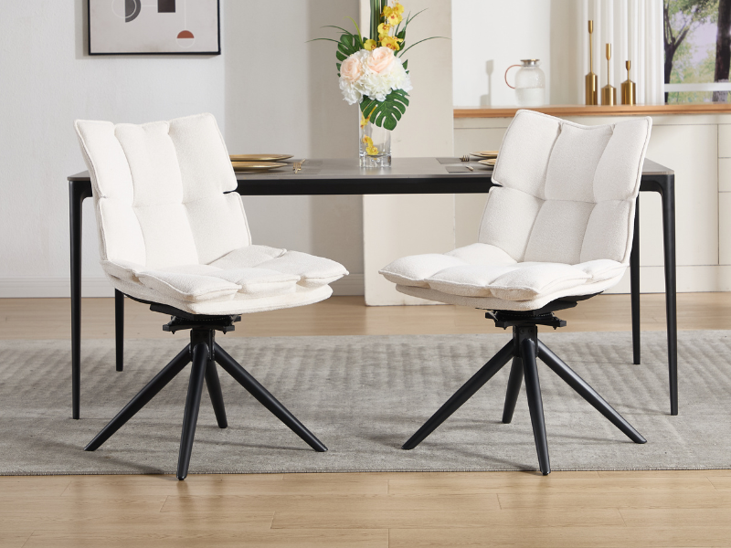 Series of images showing modern dining set with white upholstered chairs and black table, displaying different angles and configurations.