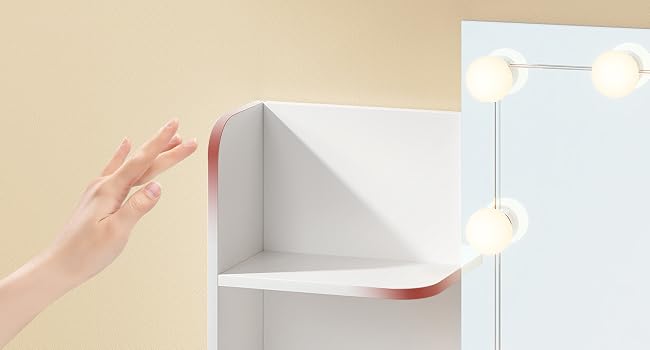 Demonstration image showing a hand reaching to interact with a white wall-mounted shelf or cabinet edge.