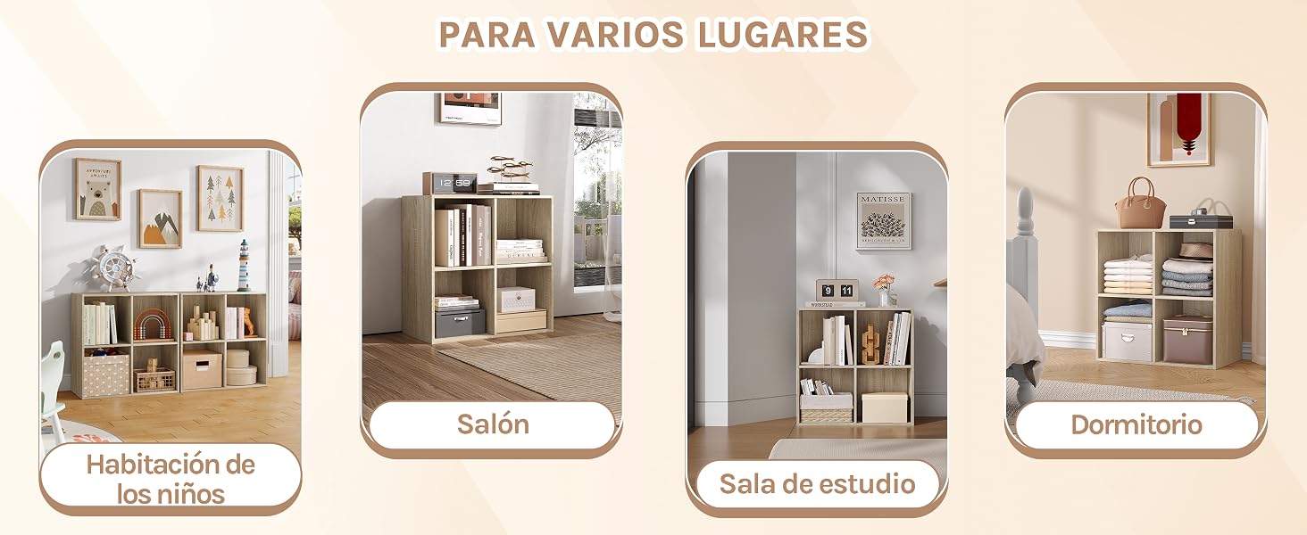 Imagen de cuatro paneles que muestra soluciones de almacenamiento versátiles para diferentes espacios: habitación de trabajo, salón, sala de estudio y dormitorio. Cada panel muestra combinaciones compactas de estanterías y escritorios