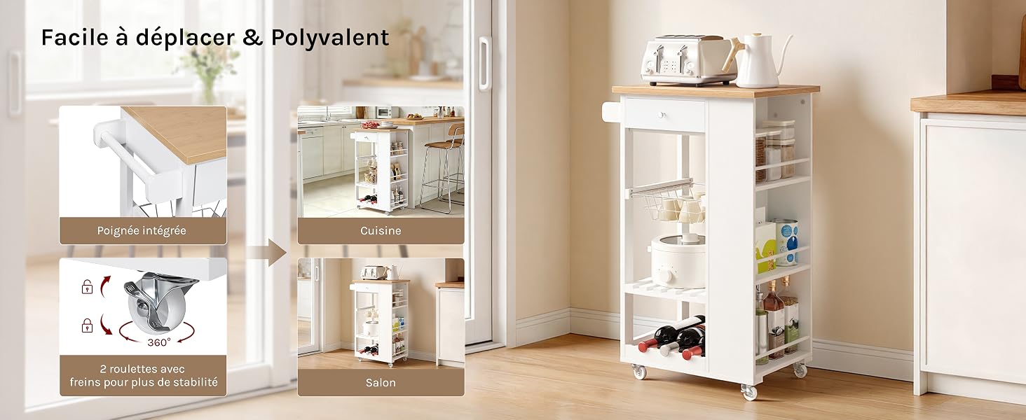 Le texte indique « Facile à déplacer &amp; Polyvalent ». Meuble de rangement à roulettes blanc avec plusieurs étagères et compartiments dans un intérieur moderne. Chariot de rangement avec tiroirs et étagères ouvertes.