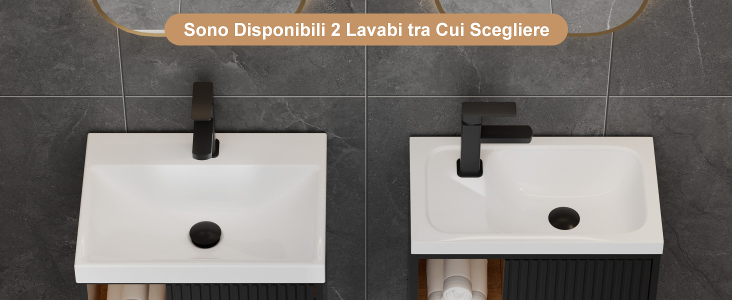 Il testo recita 'Sono Disponibili 2 Lavabi tra Cui Scegliere'. Serie di lavandini da bagno bianchi con rubinetti neri montati su parete piastrellata grigia.