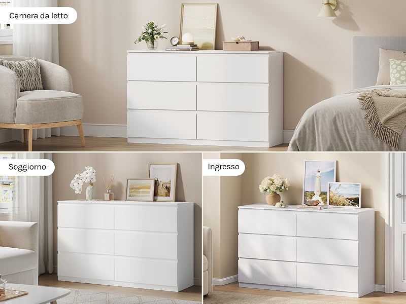 Il testo riporta «Prima» e «Dopo». Comò moderno bianco mostrato in due viste: semplice e decorato con oggetti decorativi e cornici sulla parte superiore.