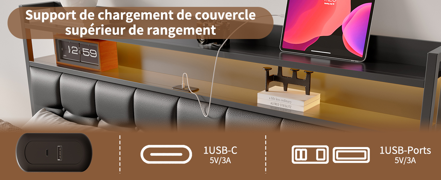 Le texte se lit comme suit : « Support de chargement de couvercle supérieur de rangement ». Schéma technique montrant les ports USB-C et les options de connectivité pour les appareils électroniques.