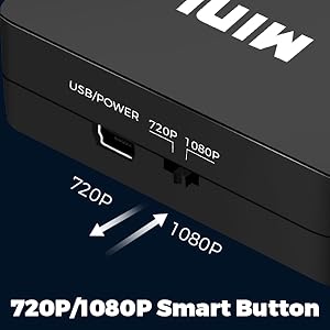 Gros plan d'un appareil électronique avec port USB/POWER et commutateur de résolution 720p/1080p. Dispose d'un bouton intelligent permettant de basculer entre la sortie vidéo 720p et 1080p