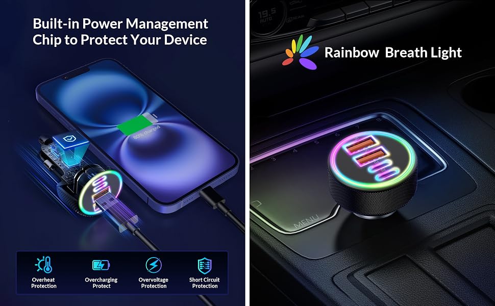 Car charging device with rainbow LED light display, featuring built-in power management chip. Shows blue wireless charging pad with colorful illuminated logo.