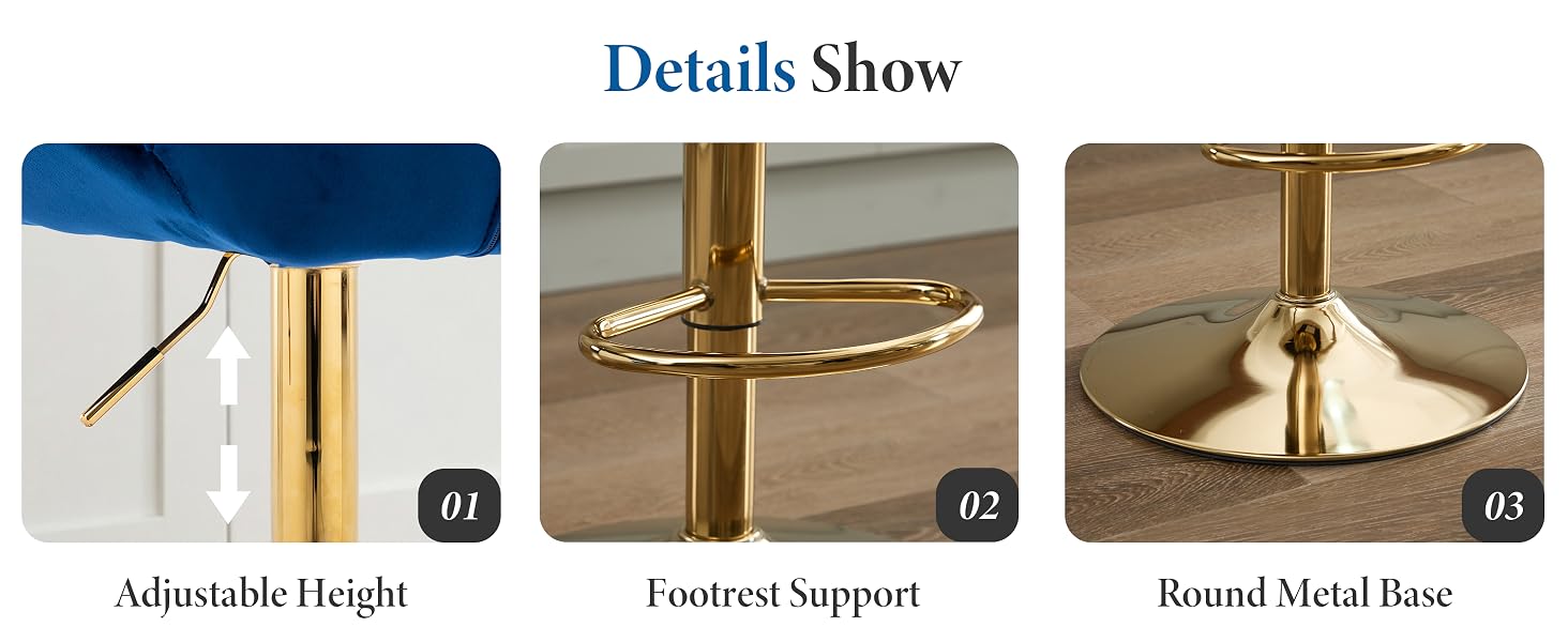 Text reads 'Details Show'. Collection of product detail shots showing adjustable height mechanism, footrest support, and round metal base components of what appears to be furniture.
