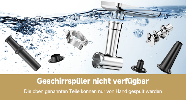 Verschiedene Küchenutensilienteile aus Metall, die in Wasser mit Blasen getaucht sind. Enthält zylindrische Bauteile, kleine Anlagen und eine Textüberlagerung