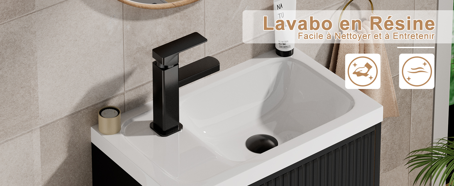 Lavabo de salle de bain moderne avec robinet noir mat et lavabo en céramique blanche, design mural avec style minimal.