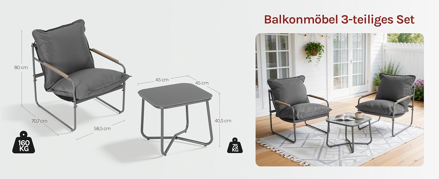 Der Text lautet „Balkonmöbel 3-teiliges Set“. Links ist ein grauer Stoffstuhl mit passender Ottomane zu sehen. Rechts ist dasselbe Möbelset im Wohnzimmer mit Beistelltisch zu sehen.