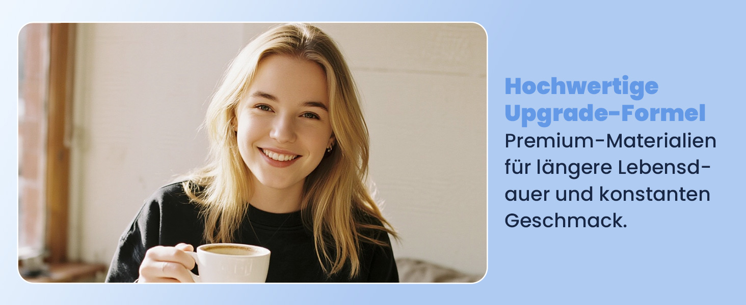 Der Text lautet „Hochwertige Premium-Materialien“ und „Upgrade-Formel“. Produktmarketing-Layout mit blauer Textüberlagerung auf Lifestyle-Bildern.