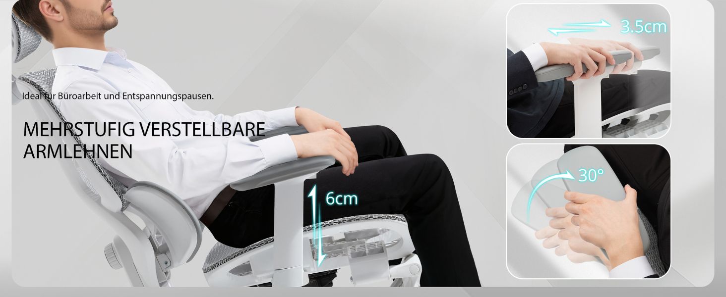 Serie ergonomischer Bürostühle in den Farben Grau und Schwarz.