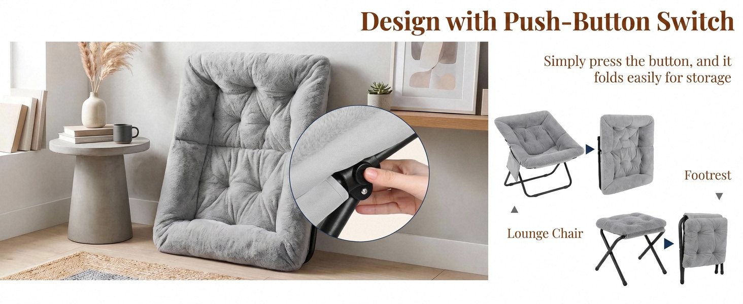 Text reads 'Design with Push-Button Switch'. Product display showing gray storage containers, folded gray textile item, and push-button mechanism detail in minimalist lifestyle composition.