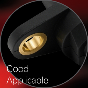 Text reads 'Good Applicable'. Close-up image of black curved surface with gold-colored circular component in center.