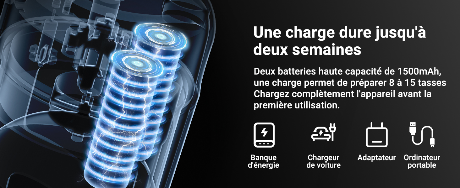 Le texte se lit comme suit : « Une charge dure jusqu'à deux semaines ». Appareil lumineux bleu avec indicateurs de charge de la batterie et icônes indiquant les différentes étapes et durées de charge.