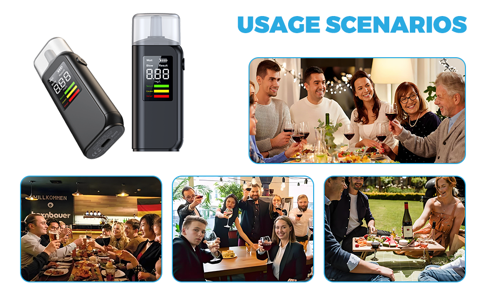 Text reads 'USAGE SCENARIOS'. Multiple social gathering scenes showing people dining together, with product images of electronic devices displayed on left side.